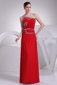 Asymmetrical Neckline Red Prom Gown with Ruching and Beading