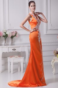 V-neck Orange Red Brush Train Prom Gown with White Appliques