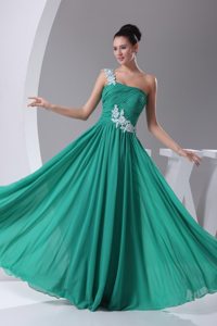 Floral Appliques One Shoulder Prom Gowns Pleated Column Chiffon