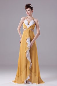 White and Yellow Halter Prom Dress with Ruffles and Cutouts