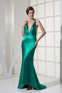 Backless Green Brush Train Prom Dress with Plunging Neckline