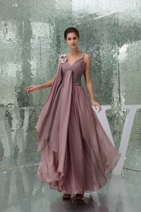 Ruched Straps Handmade Flowers Burgundy Chiffon Prom Party Dress