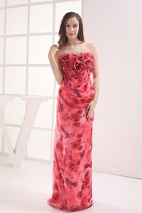 Printing Column Strapless Prom Dress with Hand Made Flowers