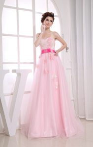 Sash Sweetheart Appliques Organza Baby Pink Prom Cocktail Gowns