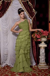 Olive Green Brush Chiffon Beaded Prom Dress with One Shoulder