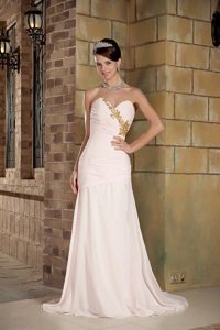 Beaded Sweetheart Brush Train Chiffon Prom Gown in Light Pink