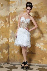 White Knee-length Satin Sweetheart Feather Beaded Prom Dress