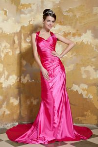 V-neck Hot Pink Taffeta Beading Prom Dress with Court Train