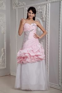 Mermaid Baby Pink and White Beaded Prom Dress with Pick-ups