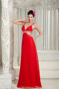 Sexy 2013 Crisscross Back Red Straps Chiffon Prom Gown Beaded
