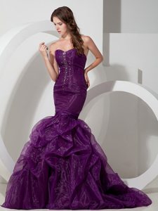 Purple Court Train Trumpet Sweetheart Organza Beaded Prom Gown
