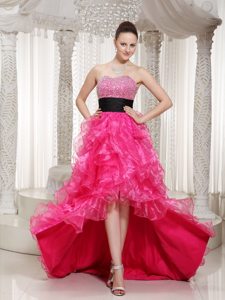 Hot Pink High-low Beaded Belt Prom Party Dress with Ruffles
