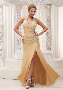 Beaded High Slit Halter Champagne Prom Evening Dress Ruched