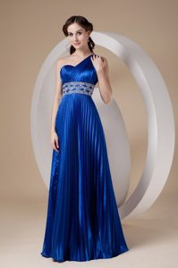 One Shoulder Royal Blue Pleated Prom Dress with Beading 2013