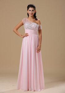Baby Pink Asymmetrical Chiffon Prom Dress with Short Sleeves