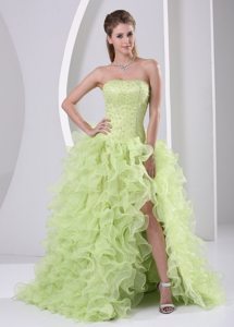 Yellow Green Organza High Slit Beaded Prom Dresses Ruffled