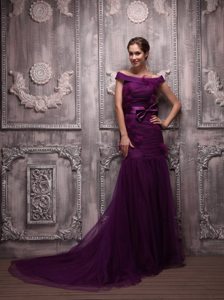Off The Shoulder Purple Mermaid Tulle Prom Dress with Bowknot