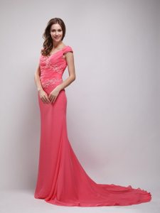 2013 Chiffon V-neck Coral Red Brush Prom Dress with Appliques