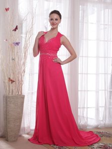 V-neck Chiffon Coral Red Empire Brush Beaded Prom Party Dress