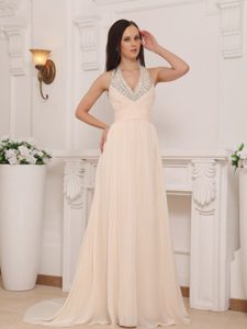 2013 Champagne Halter Chiffon Empire Prom Gown with Beading
