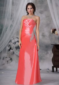 Appliques Lace Back Watermelon Red Ruched Taffeta Prom Evening Dress
