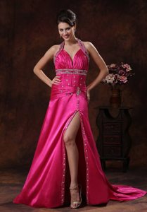 High Slit Hot Pink Halter Beaded Ruching Graduation Prom Dresses