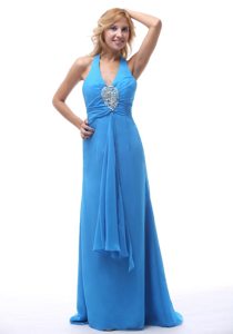 Sky Blue Halter Beaded Ruching Prom Evening Dress with Brush Train