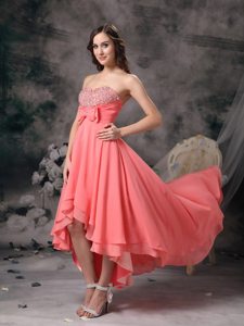 High-low Watermelon Red Beading Homecoming Prom Dress with Bows