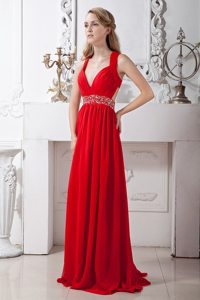 V-neck Chiffon Red Beading Crossed Back Ruched Homecoming Prom Dress