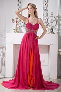 Hot Pink Beading Spaghetti Straps Layered Ruching Chiffon Prom Dress