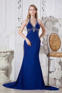 Halter Beading Royal Blue Chapel Train Formal Dress for Prom Party