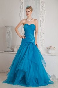 Ruched Brush Train Teal Tulle Appliques Graduation Prom Dresses