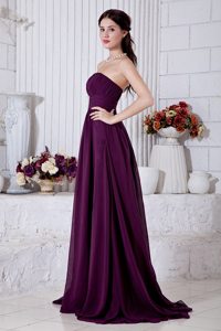 Dark Purple Strapless Ruched Chiffon Brush Train Prom Holiday Dress