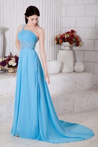 Aqua Blue One Shoulder Chiffon Beading Prom Dress with Brush Train