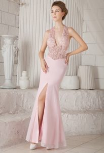 Appliques V-neck Chiffon Baby Pink Prom Evening Dress with Slit