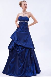 Royal Blue Beading Ruched Taffeta Prom Dama Dresses with Pick-ups