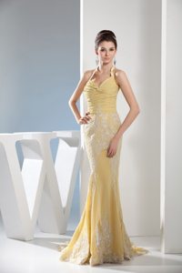 Mermaid Halter Appliques Gold Ruching Chiffon Holiday Prom Dress