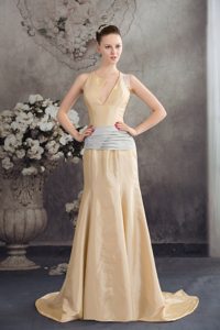 2014 New Champagne Brush Train Prom Dress with Asymmetrical Neck