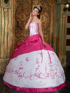 Embroidery Strapless Lace Up Back Satin Fuchsia Quinceanera Dresses