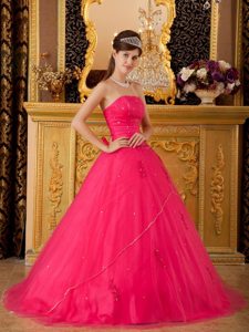 Beading Strapless Appliques Layers Tulle Hot Pink Quinceanera Gowns