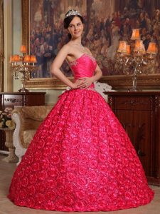 Rolling Flowers Fabric Appliques Strapless Coral Red Quinceanera Dress