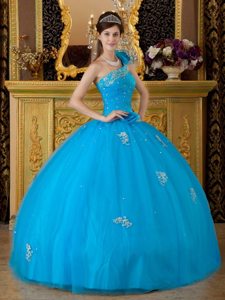 One Shoulder Appliques Handmade Flowers Tulle Teal Quinceanera Dress
