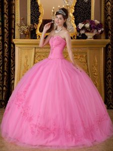 Tulle Sweetheart Appliques Puffy Rose Pink Lace Up Sweet 15 Dresses