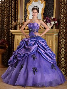 Strapless Appliques Pick Ups Organza Taffeta Purple Quinceanera Dress