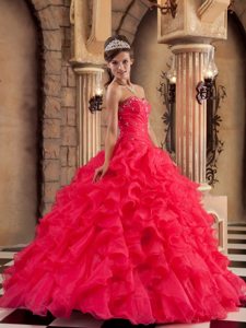 Sweetheart Ruffled Layers Rhinestones Red Quinceanera Dress