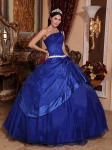 Royal Blue One Shoulder Beaded Quinceanera Gown Dresses