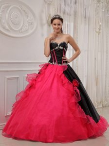 Red And Black Sweetheart Appliqued Ruffled Sweet 16 Dresses