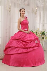 Hot Pink One Shoulder Beaded Quinceanera Dress with Flowers