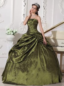 Olive Green Ruched Beaded Quinceanera Gown with Pick Ups