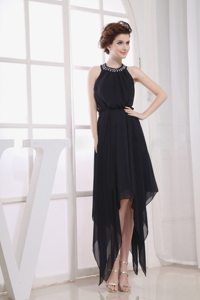 Beaded Halter Prom Little Black Dress with Asymmetrical Hemline